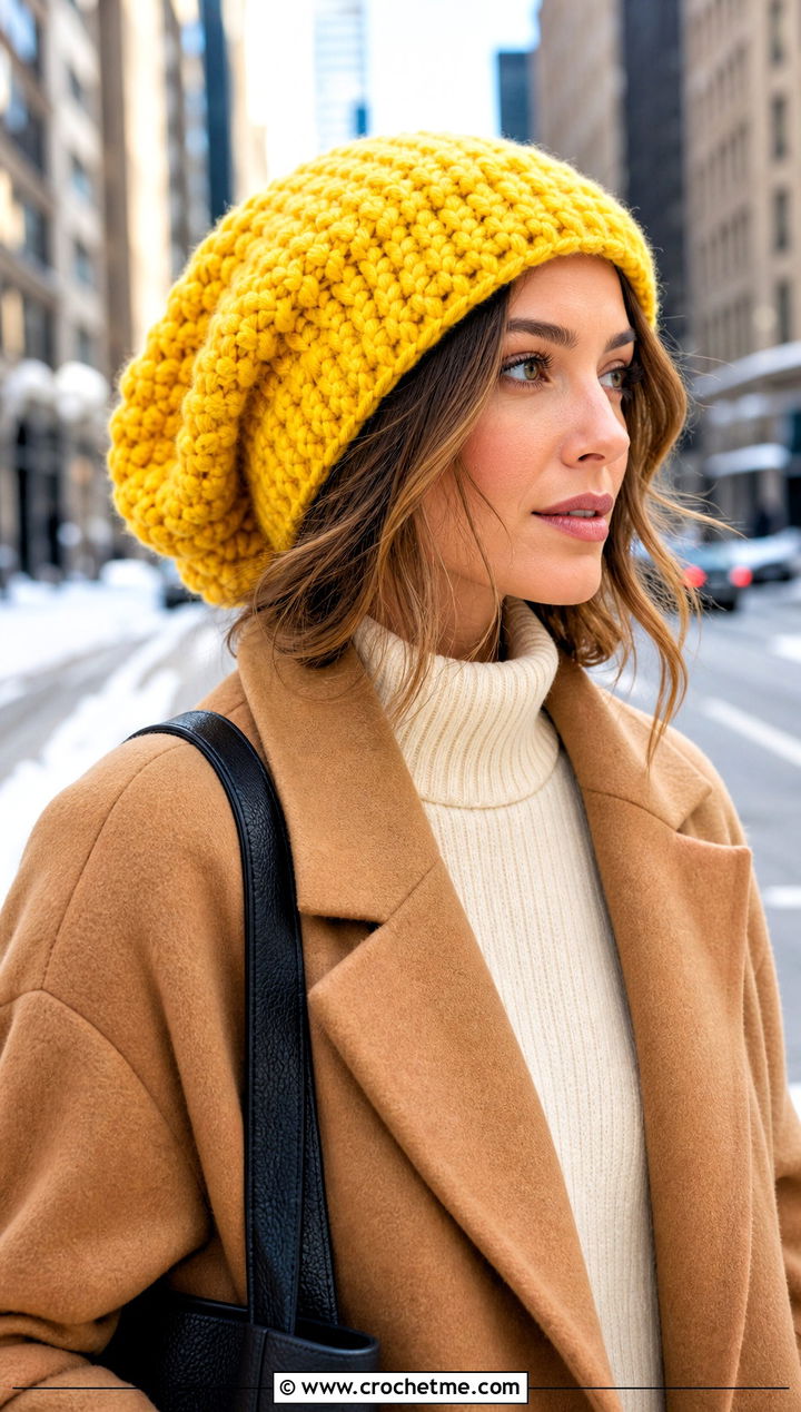 Chunky Slouchy Crochet Hat With Wool Coat - 15 Slouchy Crochet Hat outfit ideas