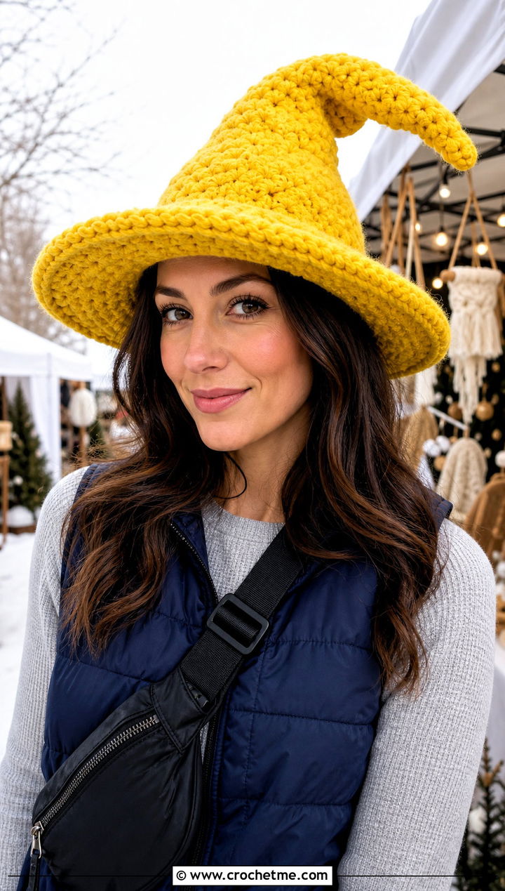 Chunky Slouchy Crochet Witch Hat With Puffer Vest - 30 slouchy crochet witch hat outfit ideas