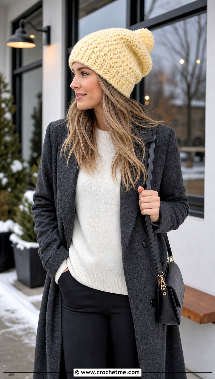 Chunky Slouchy Pom Pom Crochet Hat With Wool Coat And Leggings - 30 crochet hat with pom pom outfit ideas