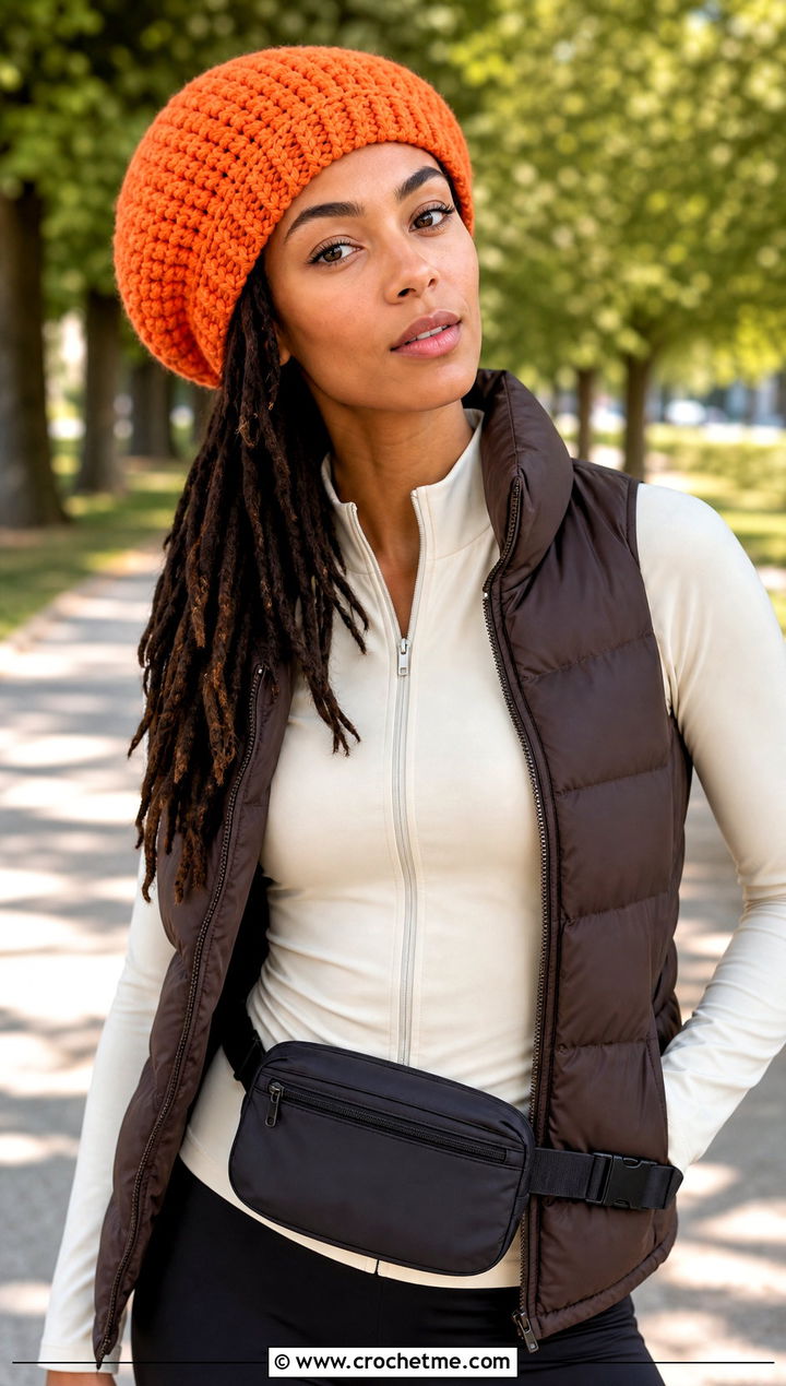 Chunky Slouchy Rasta Tam With Puffer Vest And Leggings - 15 Crochet Bob Marley Hat outfit ideas