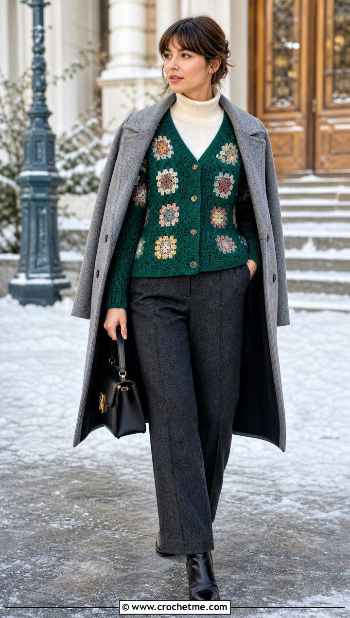 Chunky Small Granny Square Cardigan With Wool Trousers - 25 Small Granny Square Cardigan outfit ideas