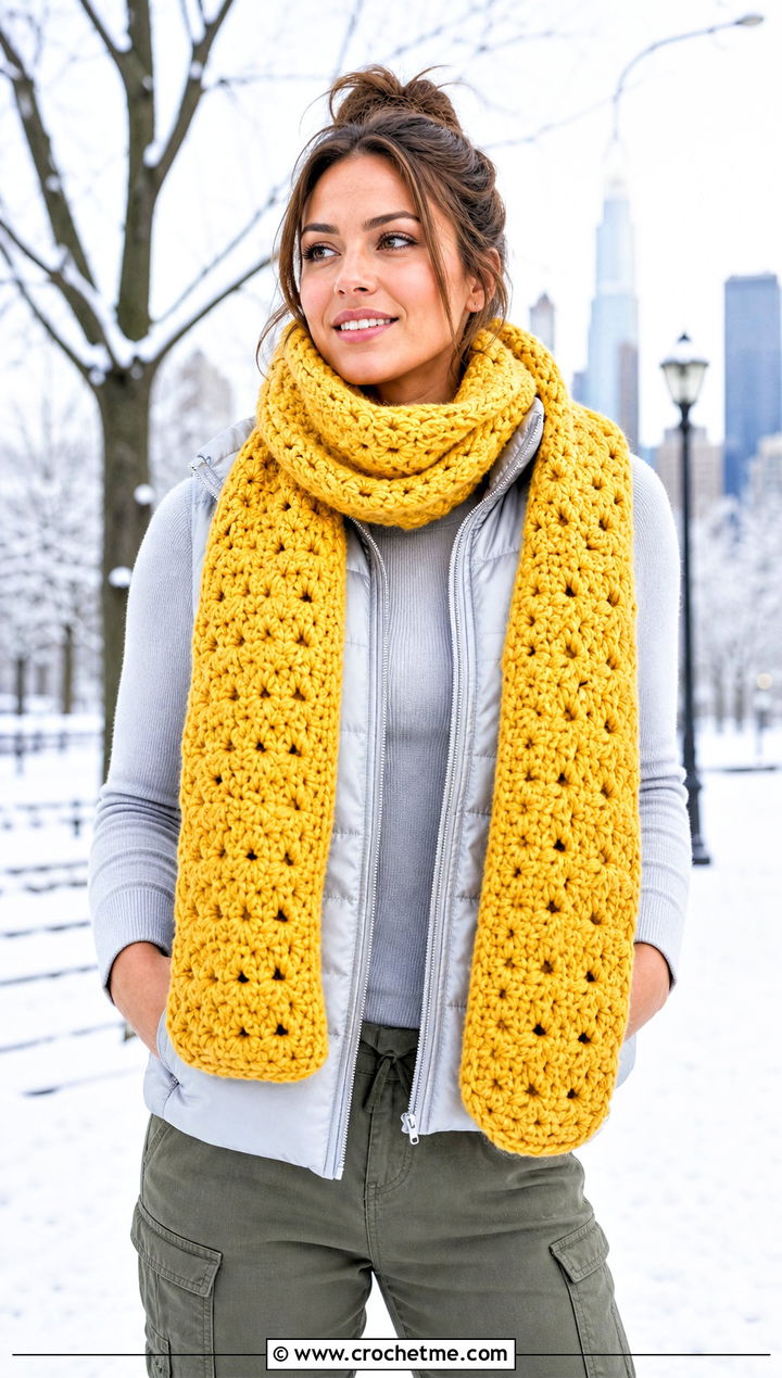 Chunky Snowfall Crochet Sweater Scarf With Puffer Vest - 15 Snowfall Crochet Sweater Scarf outfit ideas