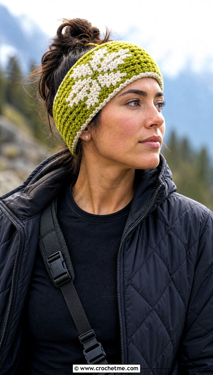 Chunky Snowflake Ear Warmer With Cargo Pants - 20 Crochet Snowflake Headband outfit ideas