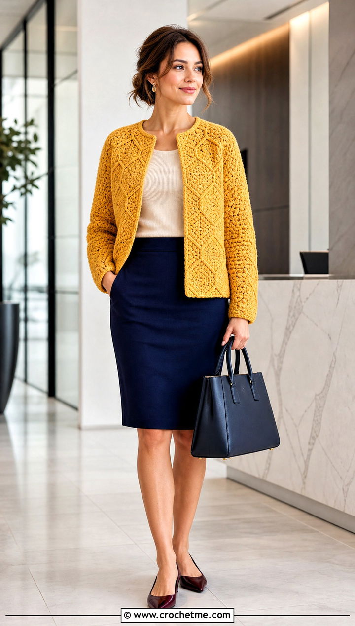 Chunky Solid Stitch Hexagon Cardigan With Pencil Skirt - 30 chunky crochet hexagon cardigan outfit ideas