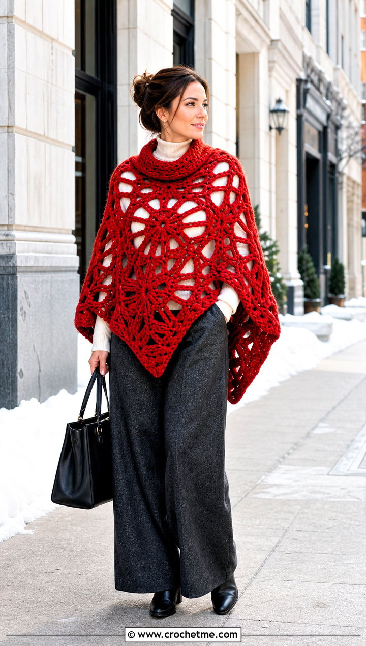 Chunky Spider Web Crochet Poncho With Wool Trousers - 20 Spider Web Crochet Poncho outfit ideas