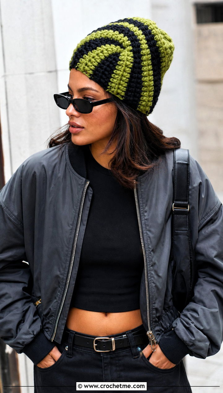 Chunky Spiral Beanie With Bomber Jacket - 15 crochet vintage swirl hat outfit ideas