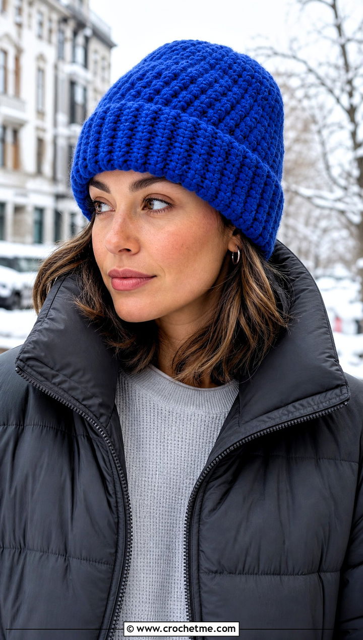Chunky Spiral Crochet Beanie With Puffer Jacket - 25 Spiral Crochet Hat outfit ideas
