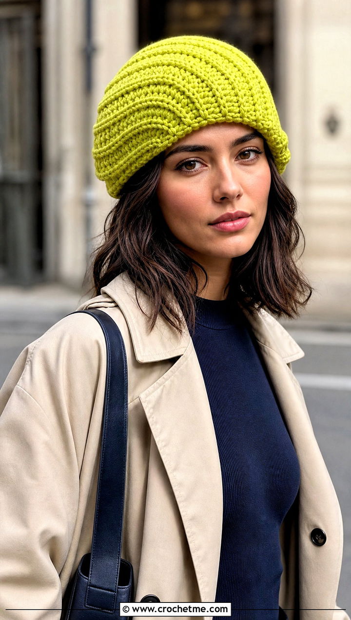 Chunky Spiral Crochet Hat With Trench Coat - 30 chunky yarn crochet hat outfit ideas