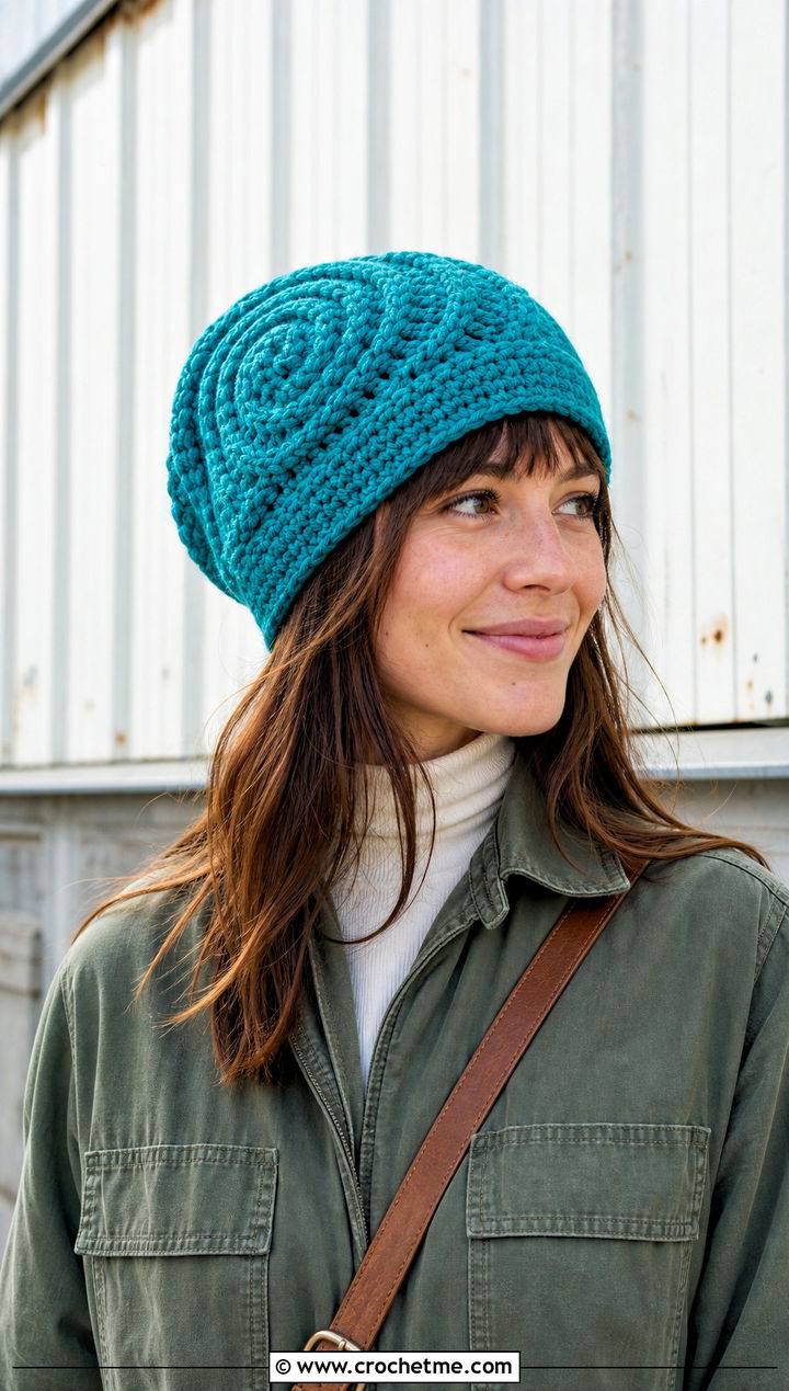 Chunky Spiral Crochet Hat With Utility Jumpsuit - 25 Chunky Yarn Crochet Hats outfit ideas