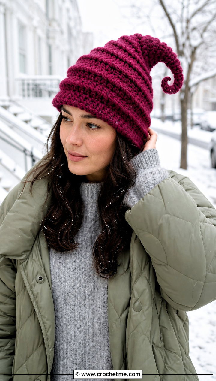 Chunky Spiral Crochet Pointed Hat With Quilted Coat - 25 Crochet Pointed Hat outfit ideas