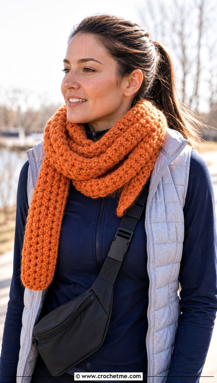 Chunky Spiral Crochet Scarf With Athleisure Outfit - 15 easy spiral crochet scarf outfit ideas