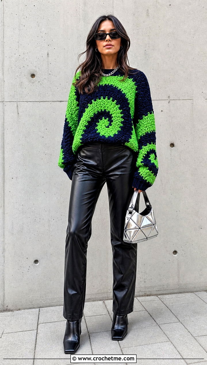 Chunky Spiral Crochet Sweater With Leather Pants - 35 spiral crochet sweater outfit ideas