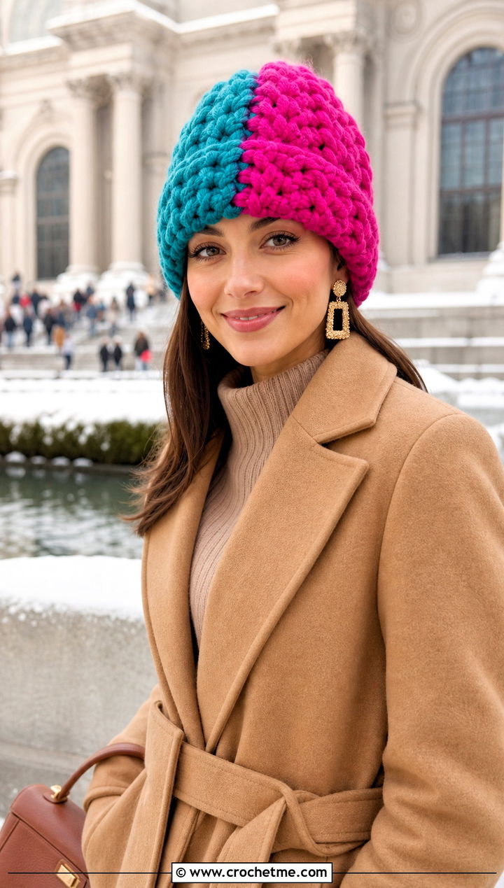 Chunky Split Color Crochet Beanie With Sweater Dress - 15 Split Color Crochet Beanie outfit ideas