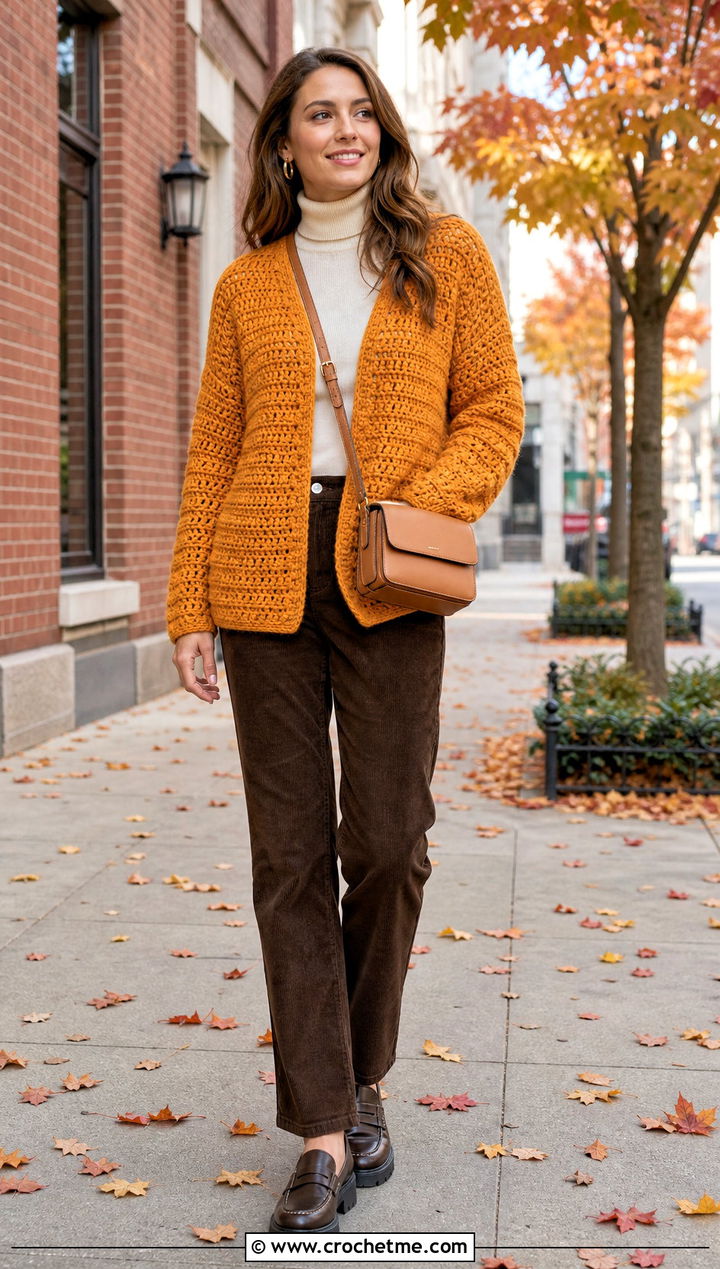 Chunky Square Cardigan With Corduroy Pants - 30 crochet square cardigan outfit ideas