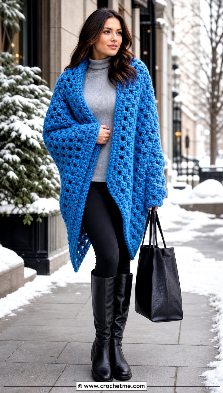 Chunky Square Crochet Shawl With Sweater And Leggings - 25 Square Crochet Shawl outfit ideas
