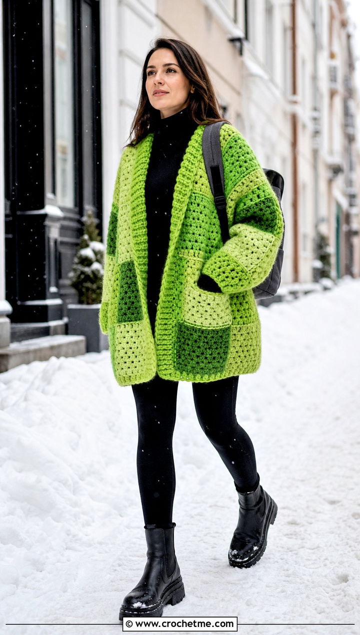 Chunky Square Patch Crochet Cardigan With Leggings - 25 Square Patch Crochet Cardigan outfit ideas