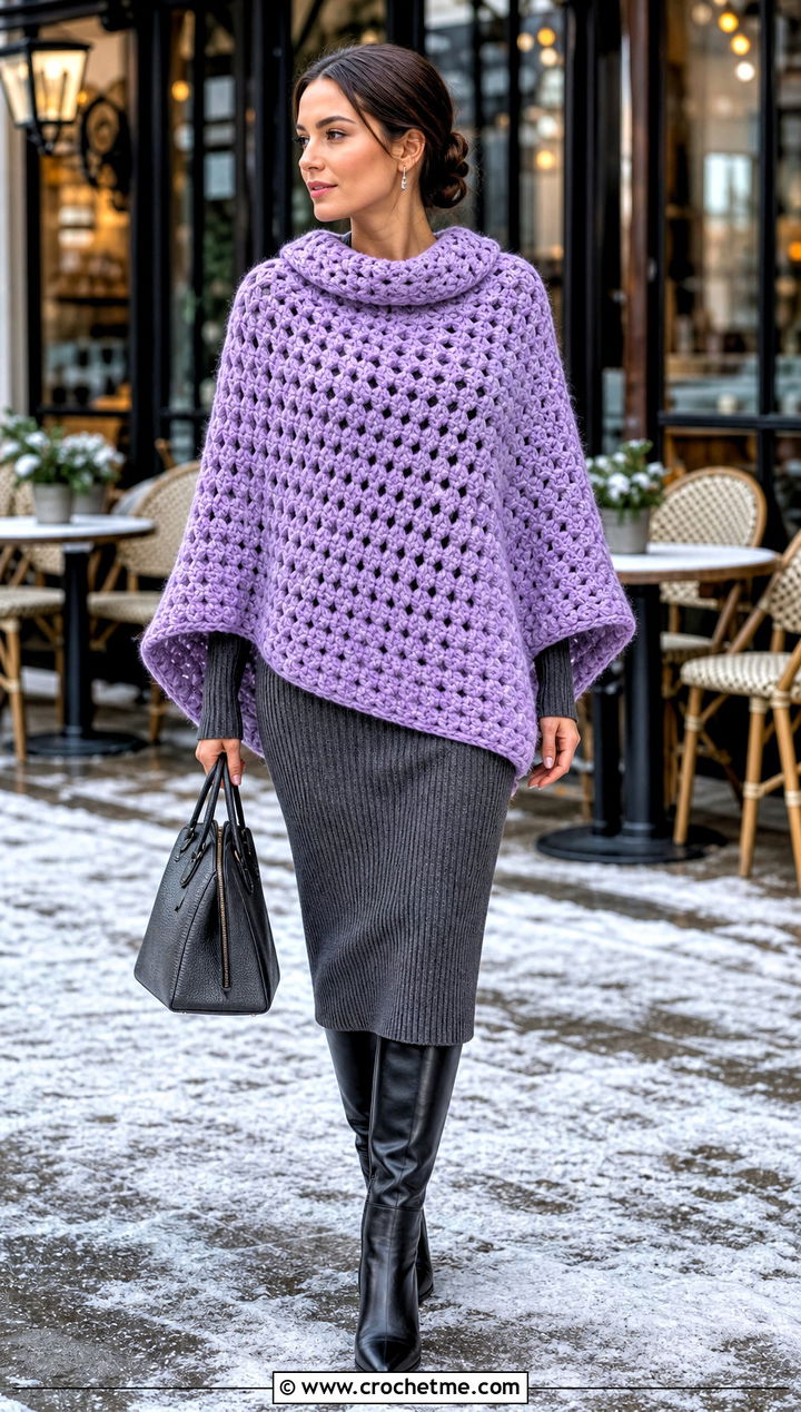 Chunky Square Poncho With Knit Midi Dress - 30 crochet square poncho outfit ideas