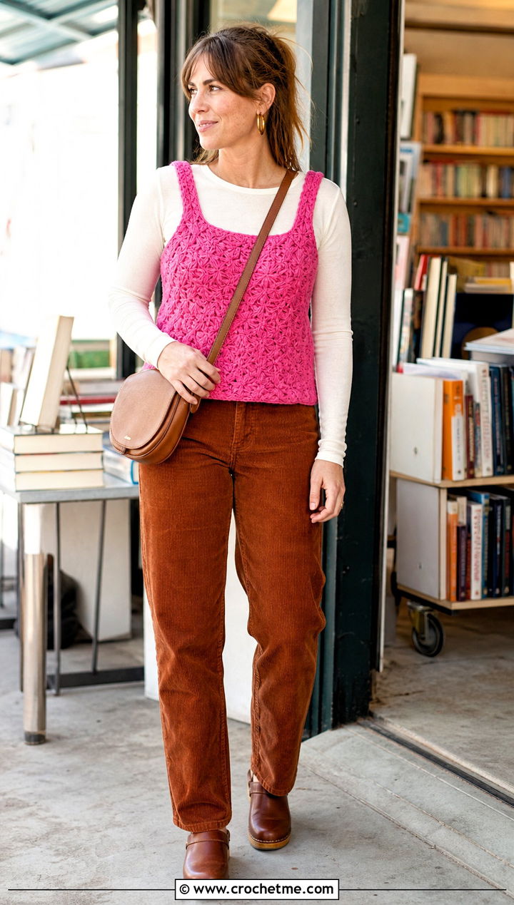 Chunky Star Crochet Tank Top With Corduroy Pants - 25 Star Crochet Tank Top outfit ideas