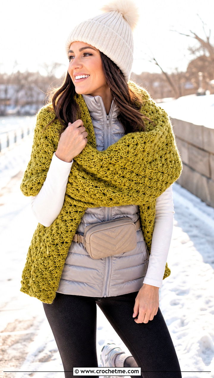 Chunky Star Stitch Crochet Shawl With Puffer Vest - 30 star crochet shawl outfit ideas