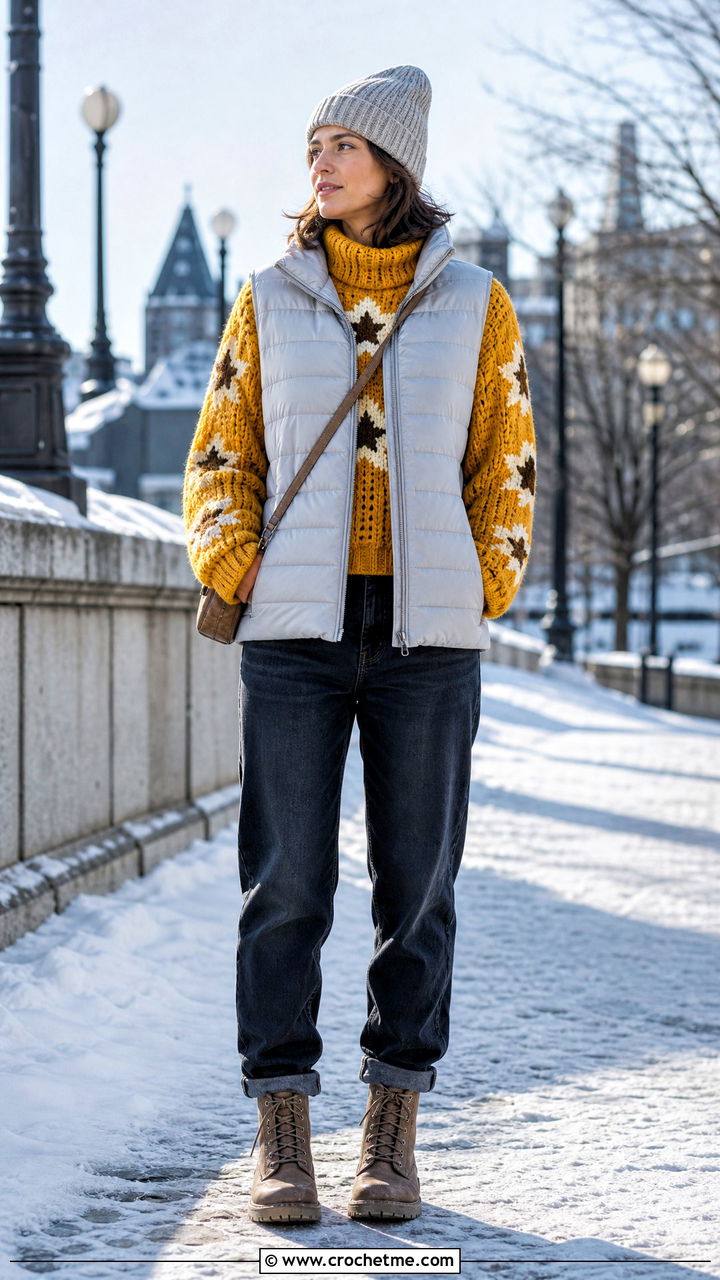 Chunky Star Sweater With Puffer Vest And Jeans - 35 crochet star sweater outfit ideas