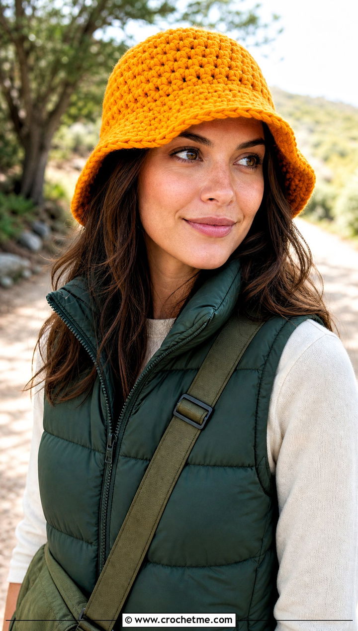 Chunky Stitch Crochet Adult Bucket Hat With Puffer Vest - 25 crochet adult bucket hat outfit ideas