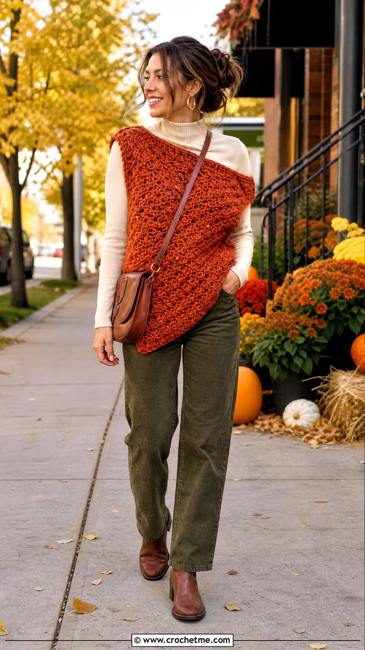 Chunky Stitch Crochet Asymmetrical Top With Corduroy Pants - 35 crochet asymmetrical top outfit ideas