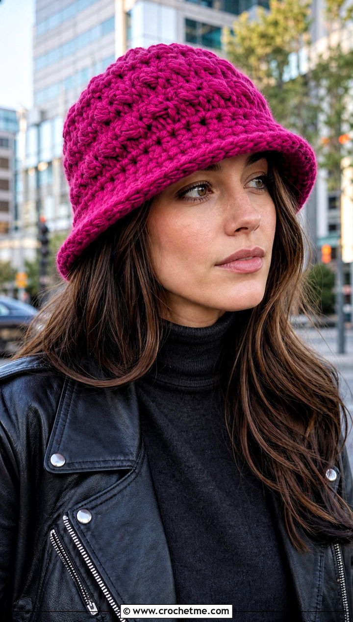Chunky Stitch Crochet Bucket Hat With Leather Jacket - 25 Crochet Bucket Hat For Women outfit ideas