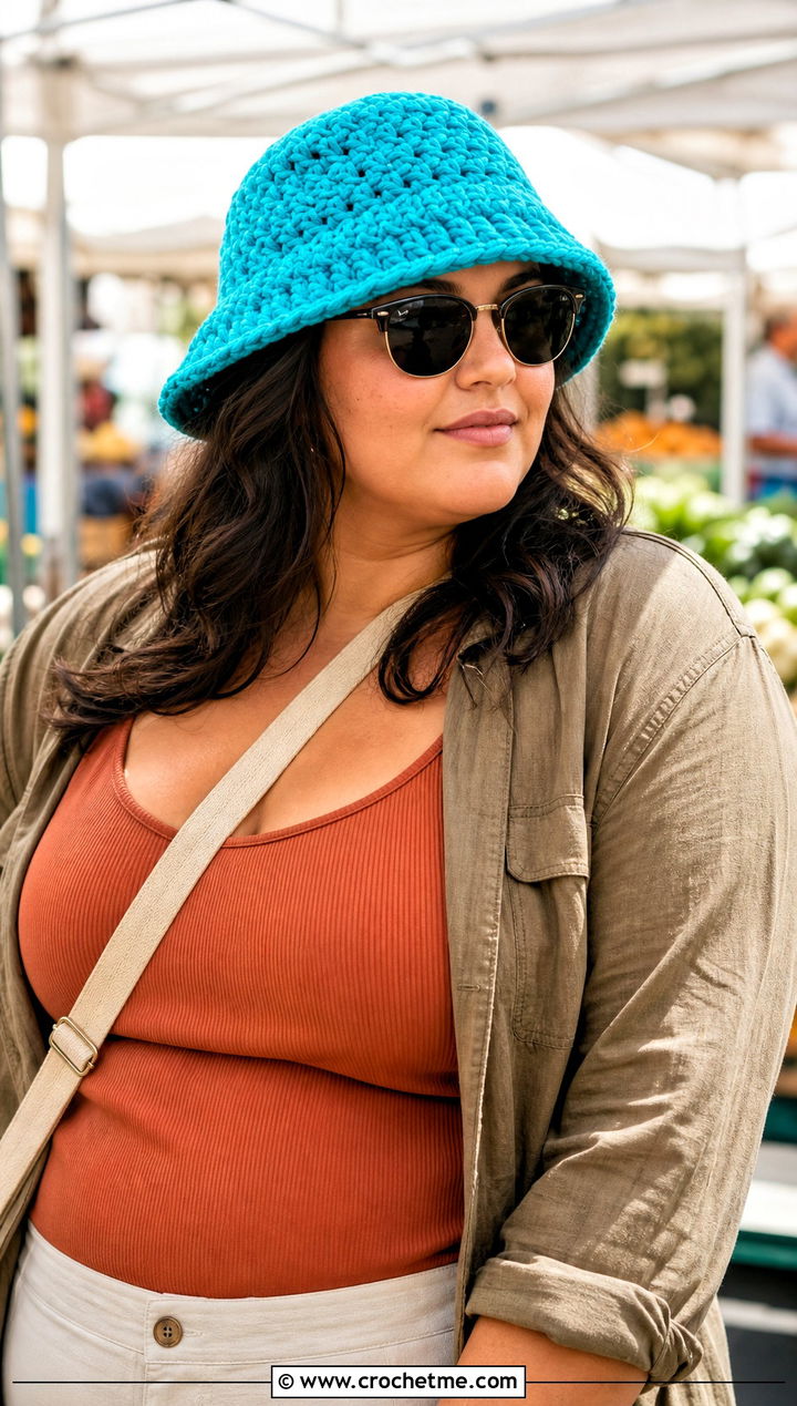 Chunky Stitch Crochet Bucket Hat With Ribbed Tank And Utility Shorts - 30 summer crochet bucket hat outfit ideas