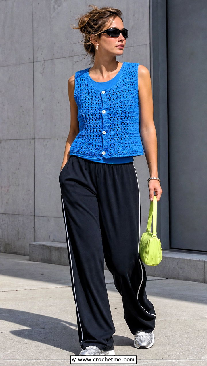 Chunky Stitch Crochet Button Up Tank Top With Track Pants - 15 Crochet Button Up Tank Top outfit ideas