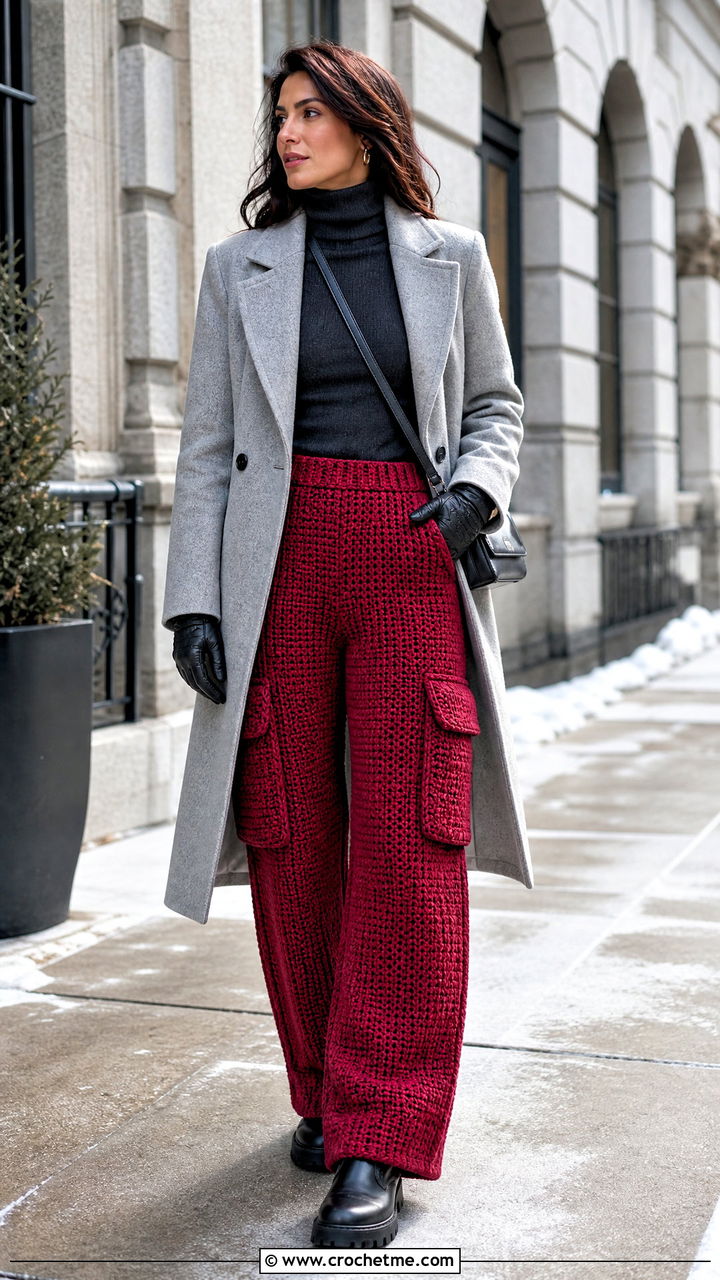 Chunky Stitch Crochet Cargo Pants With Turtleneck - 35 crochet cargo pants outfit ideas