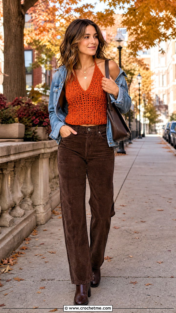 Chunky Stitch Crochet Halter Top With Corduroy Pants - 35 crochet halter top outfit ideas