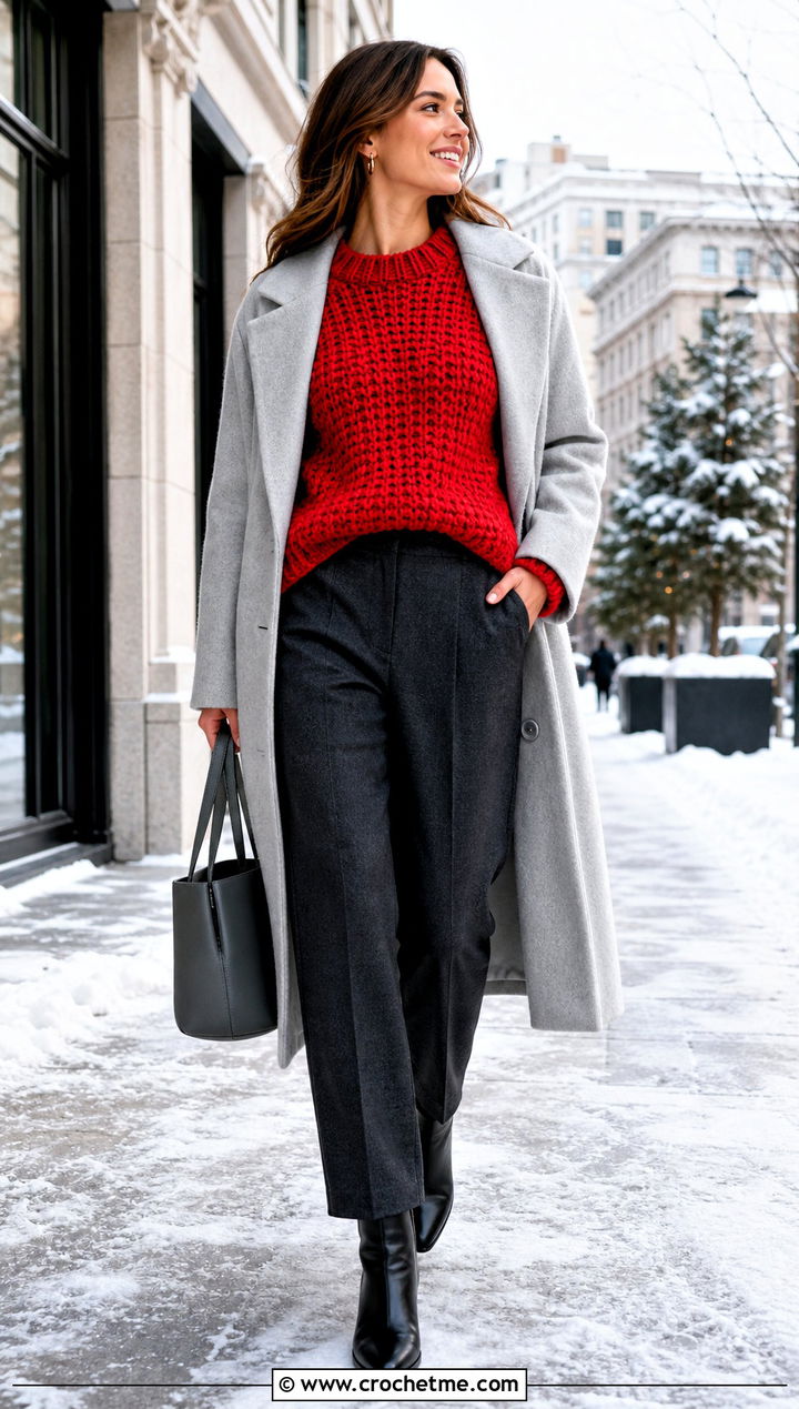 Chunky Stitch Crochet Jumper With Wool Coat And Trousers - 30 simple crochet jumper outfit ideas