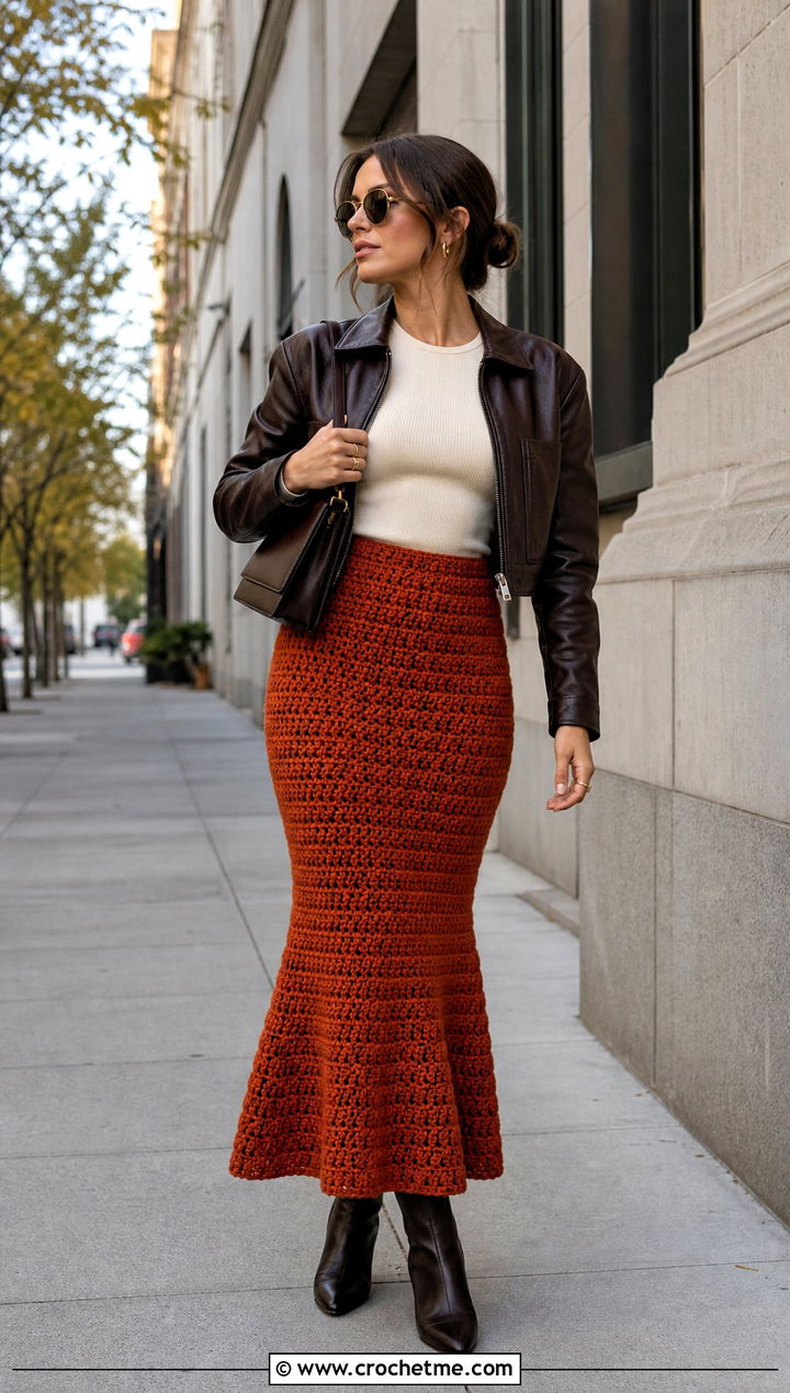 Chunky Stitch Crochet Mermaid Skirt With Leather Jacket - 35 crochet mermaid skirt outfit ideas