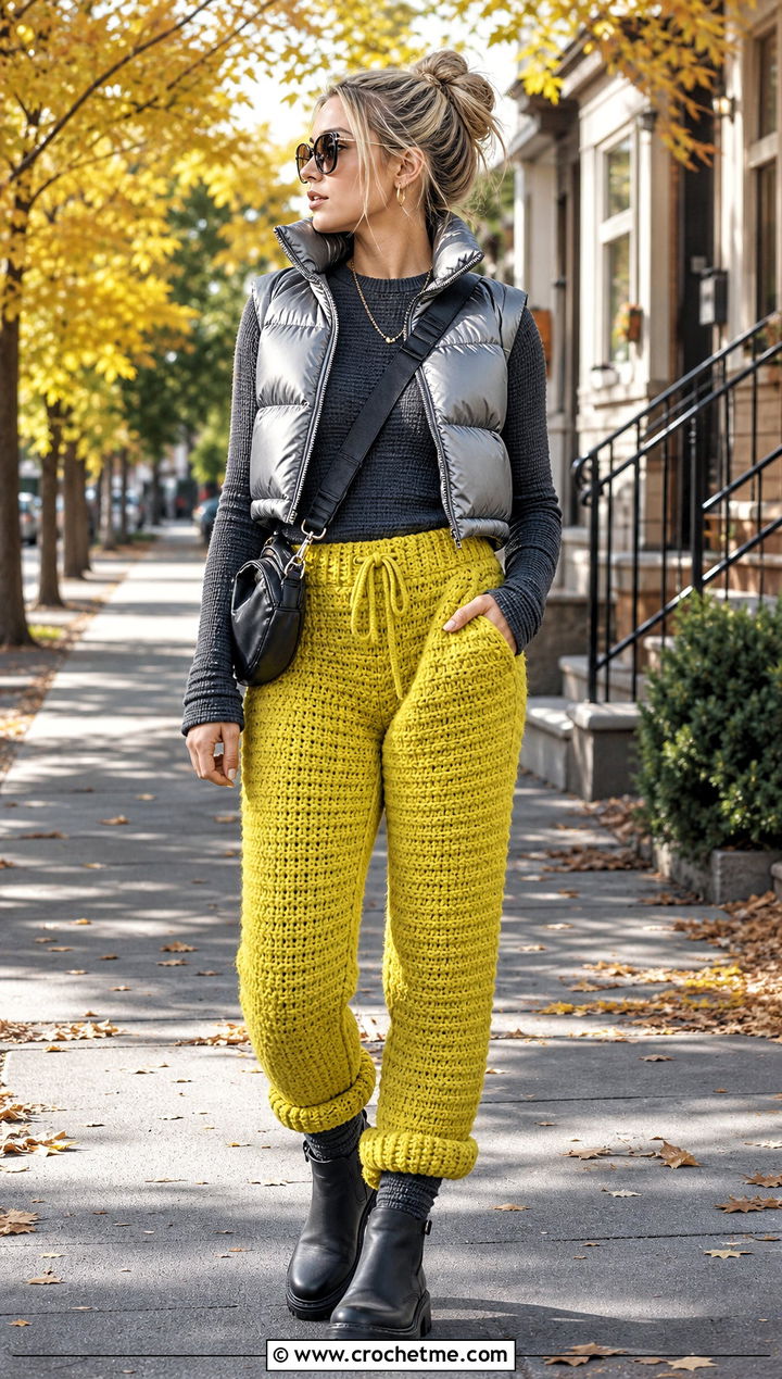 Chunky Stitch Crochet Pants With Puffer Vest - 25 women crocheted pants outfit ideas