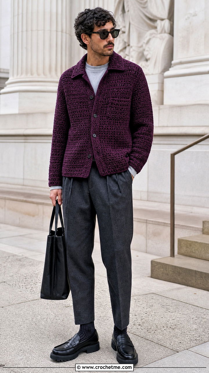 Chunky Stitch Crochet Shirt With Wool Trousers - 35 crochet male shirt outfit ideas