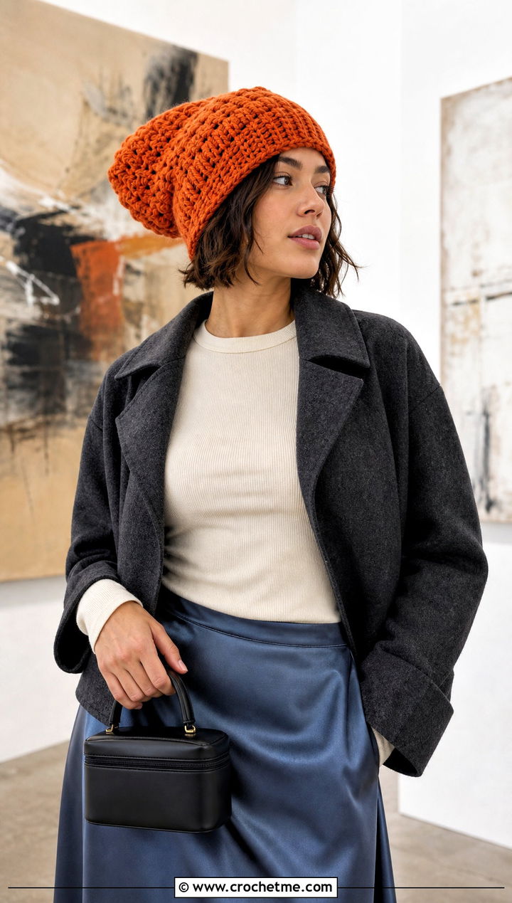 Chunky Stitch Crochet Stocking Hat With Satin Skirt - 25 easy crochet stocking hat outfit ideas