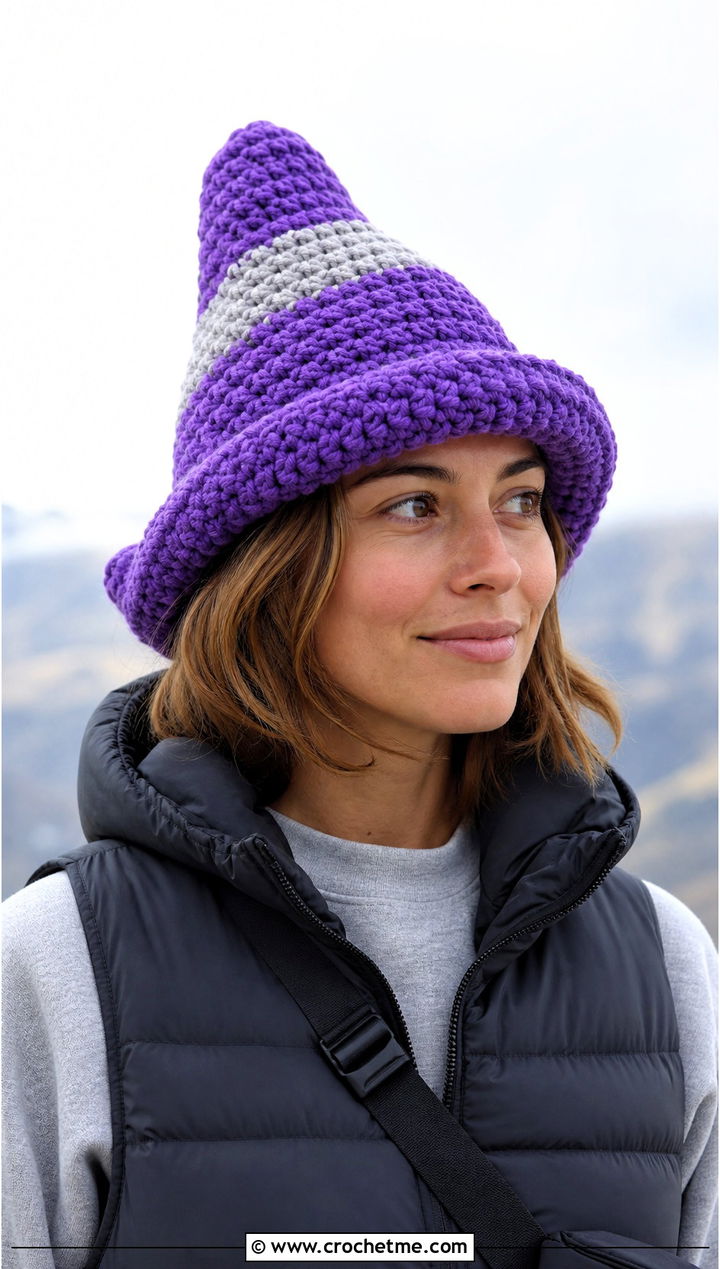 Chunky Stitch Crochet Traffic Cone Hat With Puffer Vest - 25 crochet traffic cone hat outfit ideas