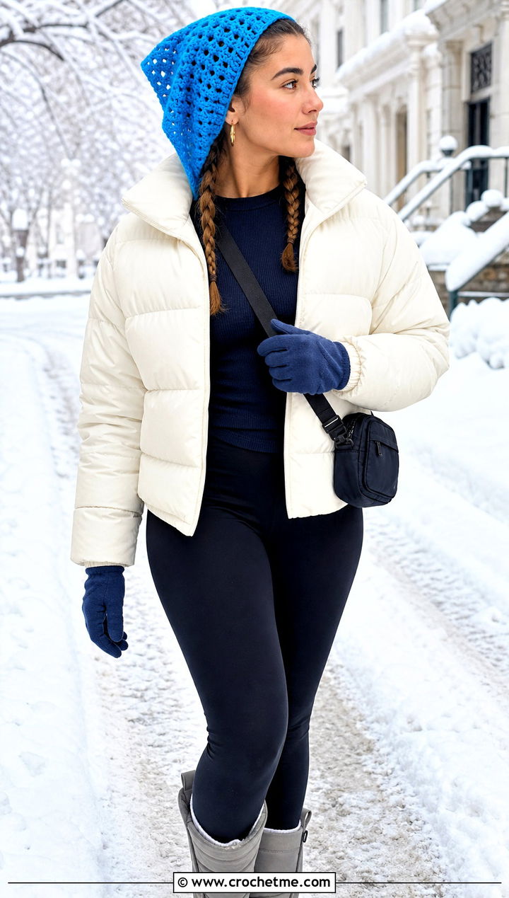 Chunky Stitch Crochet Triangle Hair Scarf With Puffer Jacket And Leggings - 25 crochet triangle hair scarf outfit ideas