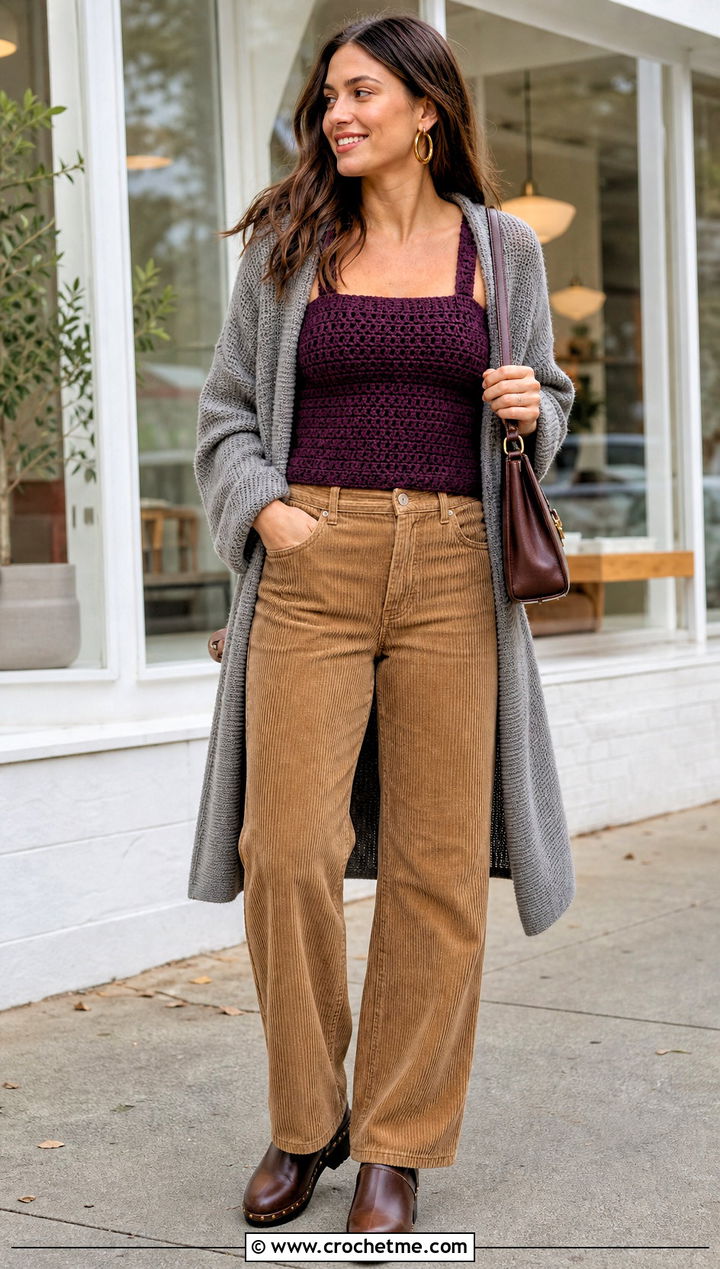 Chunky Stitch Crochet Tube Top With Corduroy Pants - 30 Crochet Tube Top With Straps outfit ideas