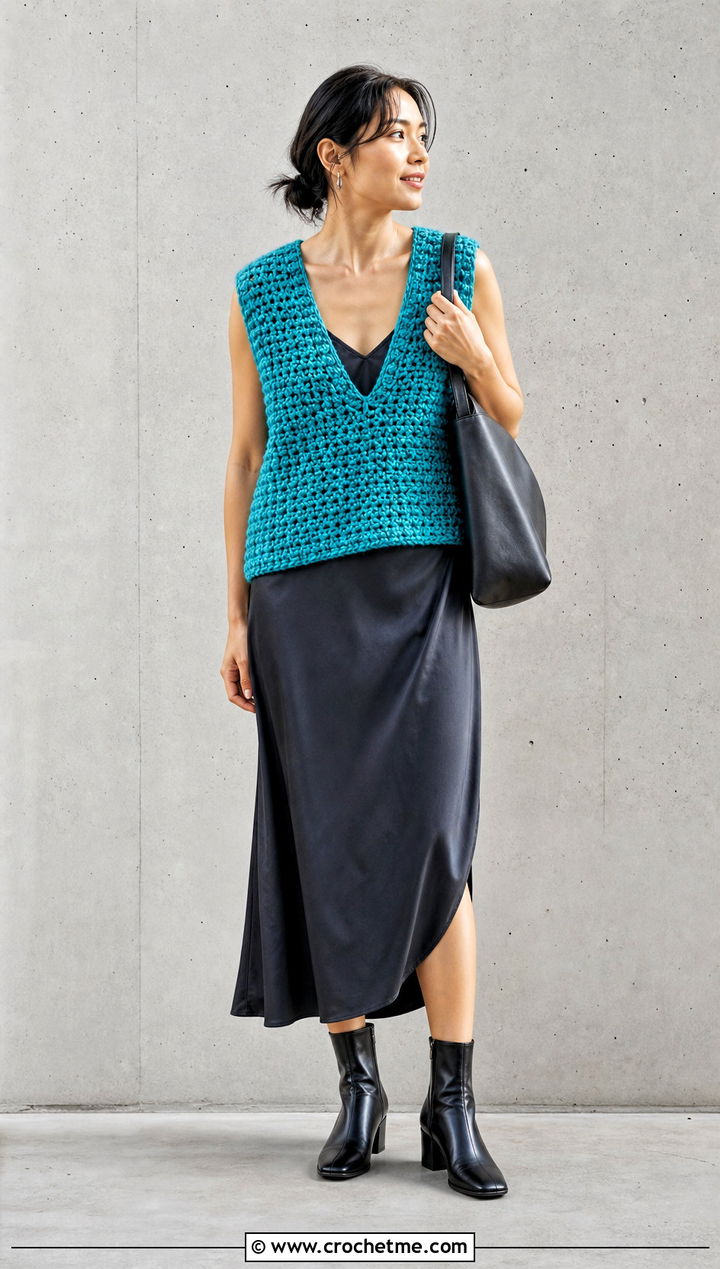 Chunky Stitch Crochet V Neck Sweater Vest With Slip Dress - 25 crochet v neck sweater vest outfit ideas