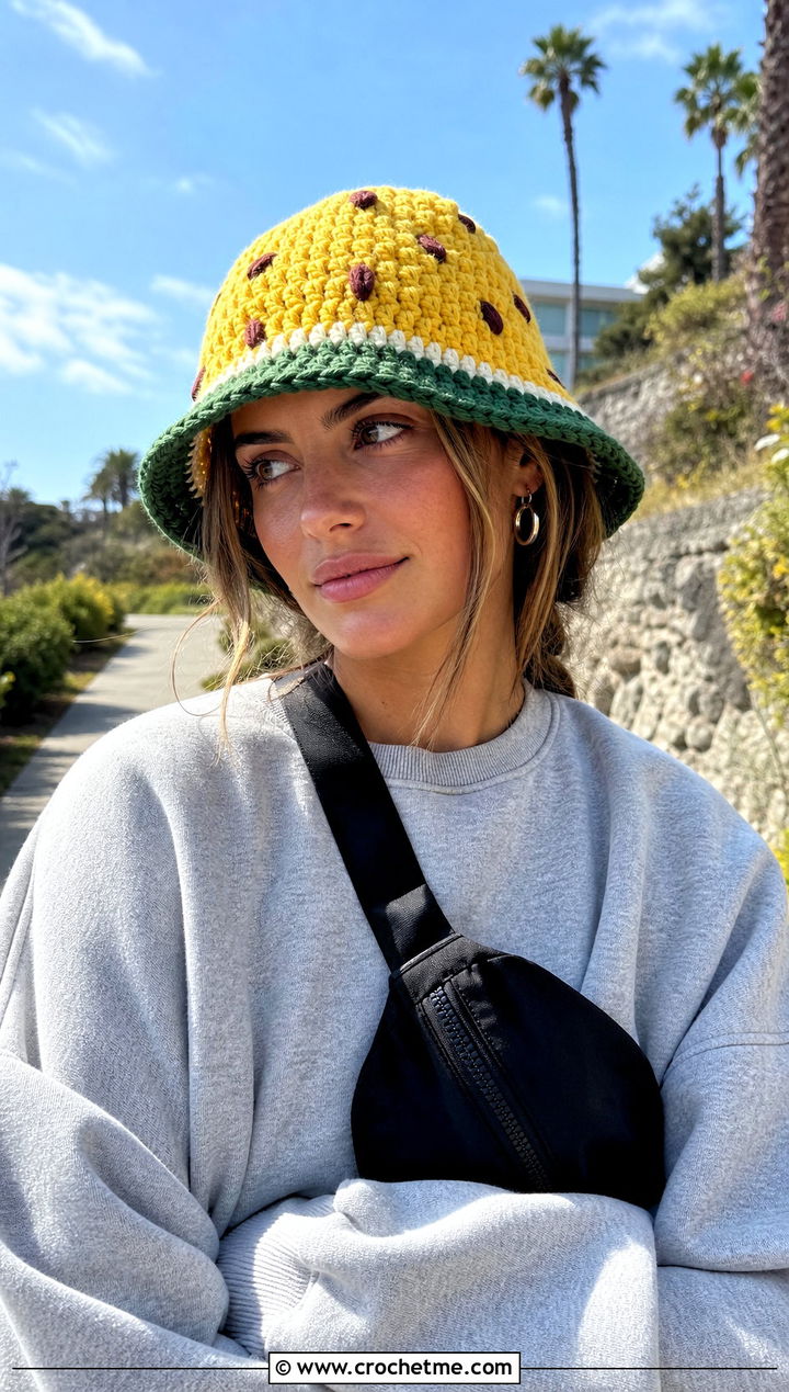 Chunky Stitch Crochet Watermelon Bucket Hat With Sweatshirt And Biker Shorts - 30 crochet watermelon bucket hat outfit ideas