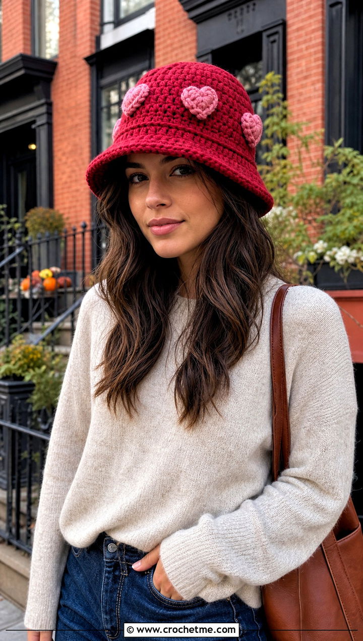 Chunky Stitch Heart Bucket Hat With Sweater And Wide Leg Jeans - 25 crochet heart bucket hat outfit ideas