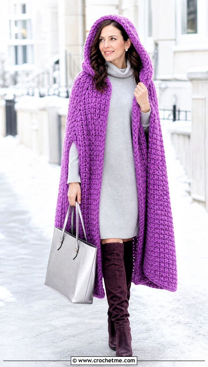 Chunky Stitch Long Hooded Crochet Cape With Sweater Dress - 25 Long Hooded Crochet Cape outfit ideas
