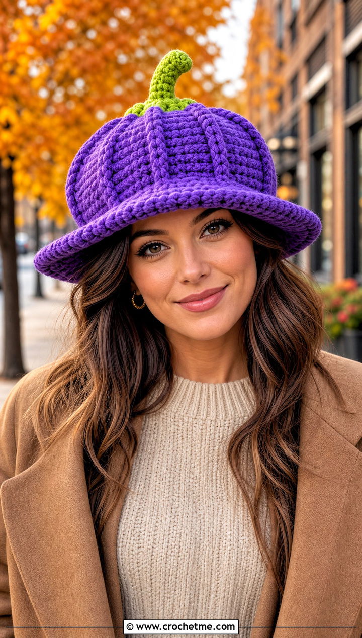 Chunky Stitch Pumpkin Bucket Hat With Sweater Dress - 30 crochet pumpkin bucket hat outfit ideas