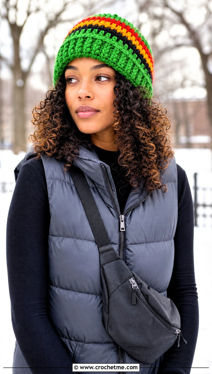 Chunky Stitch Rasta Beanie With Puffer Vest - 25 crochet rasta beanie outfit ideas
