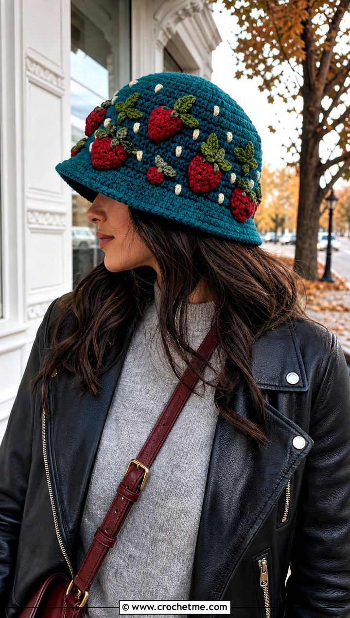 Chunky Stitch Strawberry Crochet Bucket Hat With Leather Jacket - 15 strawberry crochet bucket hat outfit ideas