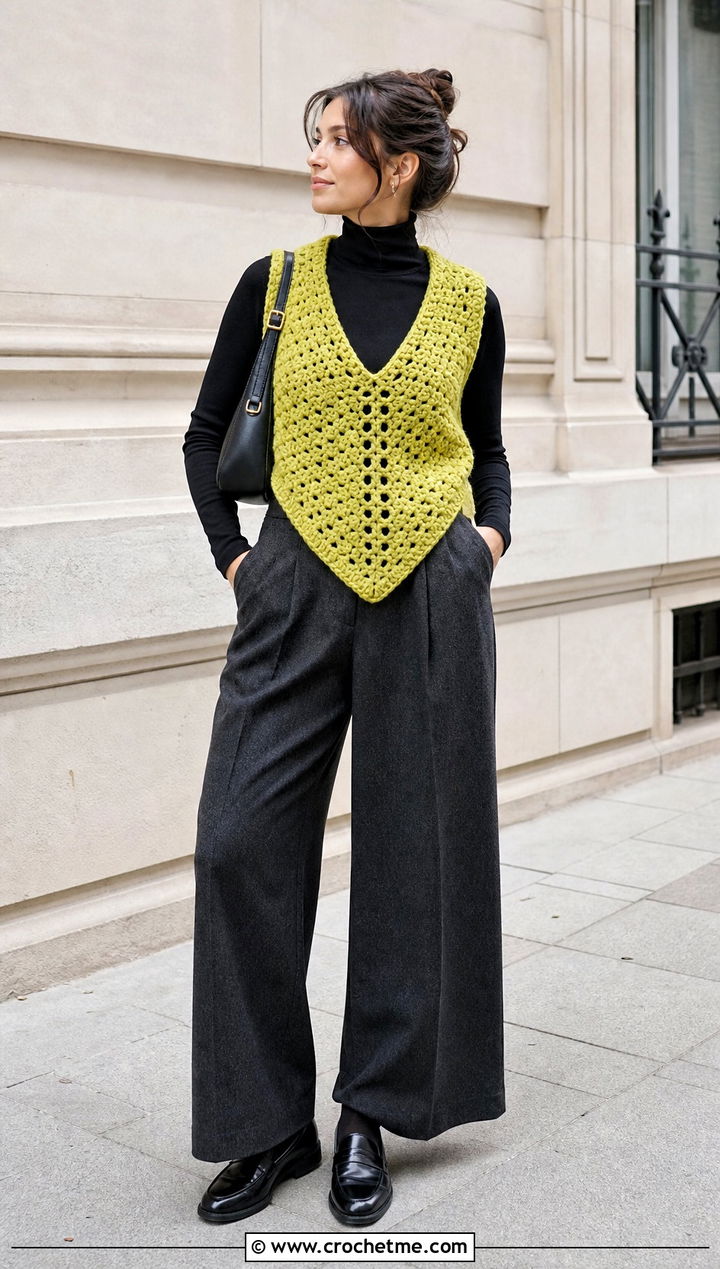 Chunky Stitch Triangle Crochet Top With Wool Trousers - 25 Triangle Crochet Top outfit ideas