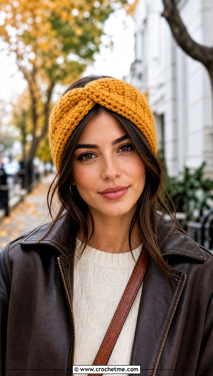 Chunky Stitch Triangle Headband With Leather Jacket And Jeans - 30 crochet triangle headband outfit ideas