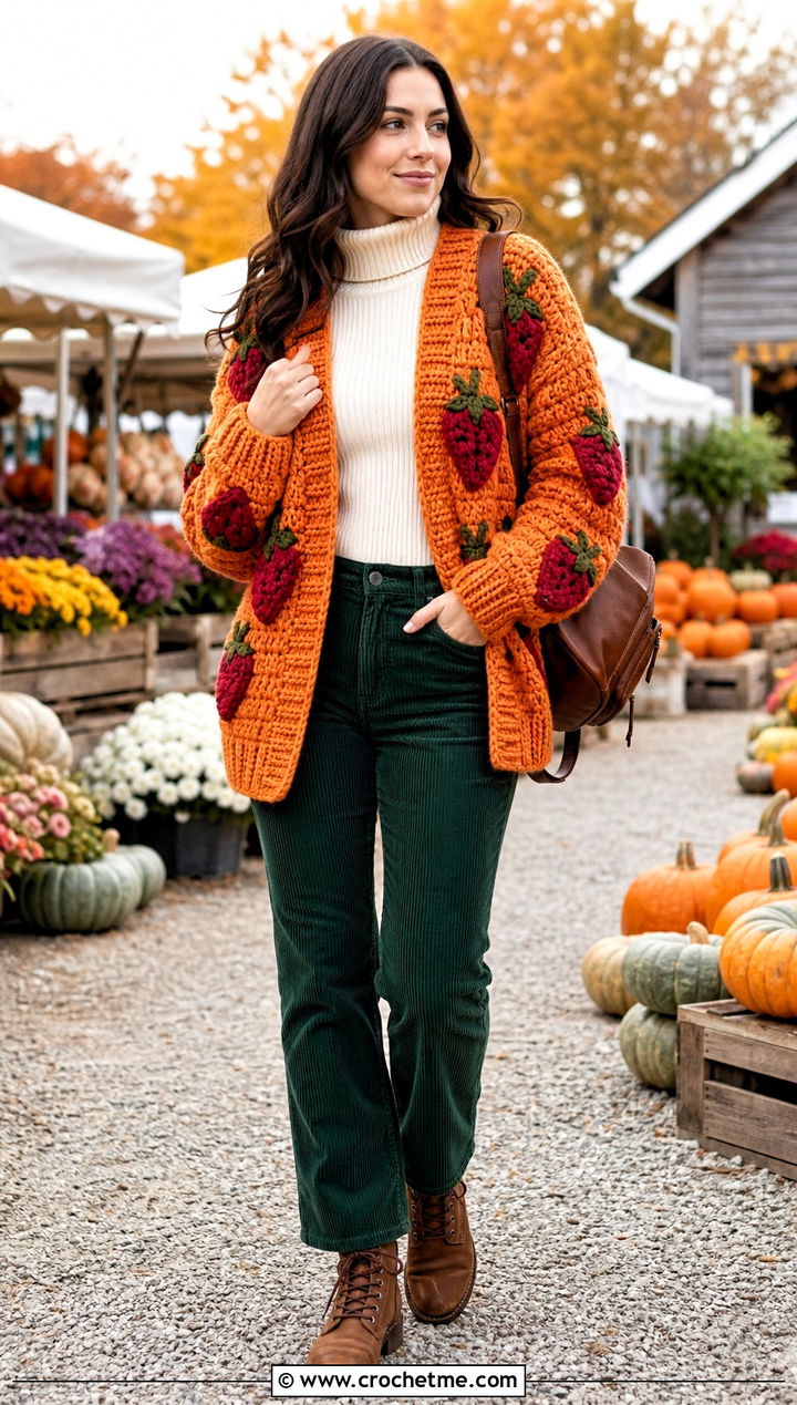 Chunky Strawberry Cardigan With Corduroy Pants - 35 crochet strawberry cardigan outfit ideas
