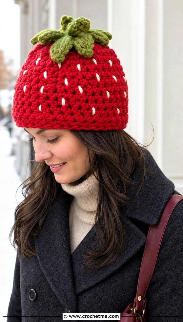 Chunky Strawberry Crochet Beanie With Wool Coat - 30 strawberry crochet hat outfit ideas